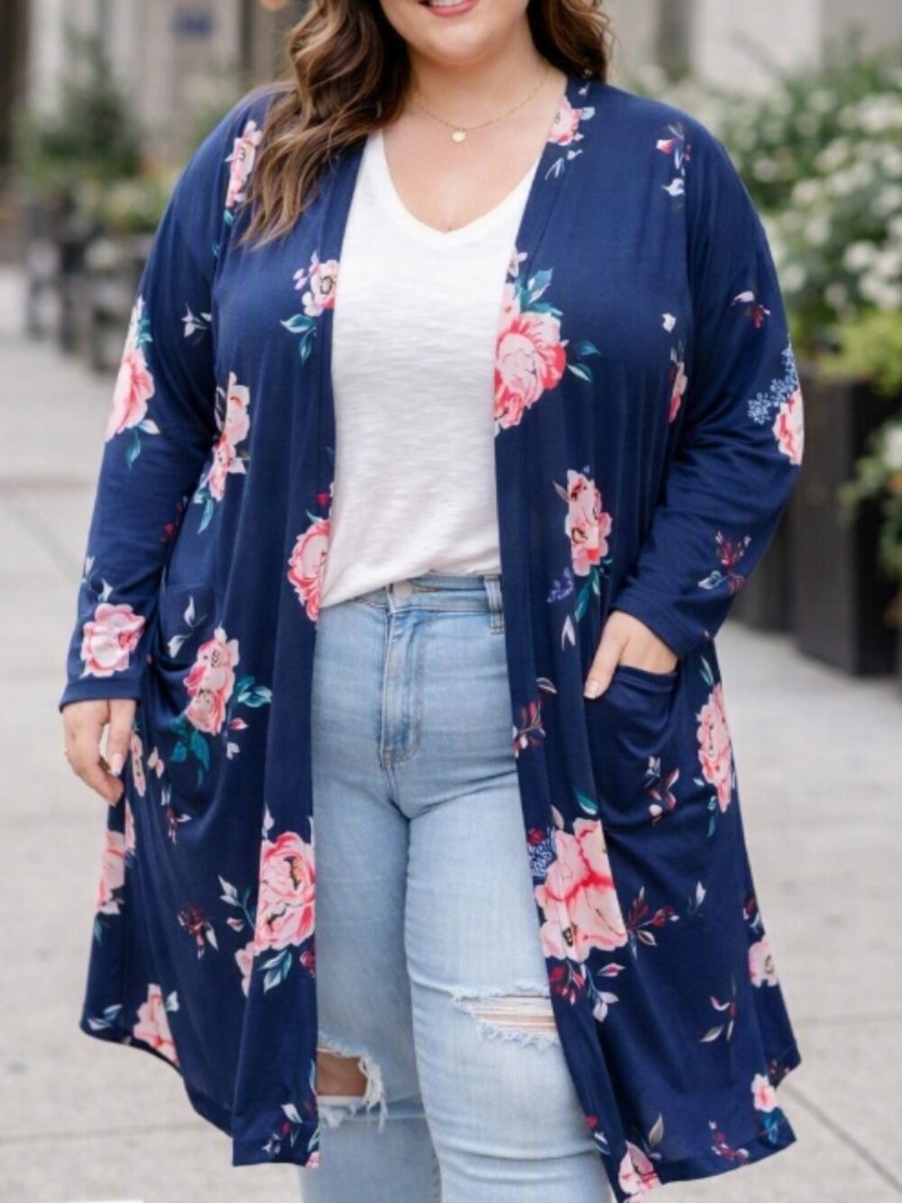 Ecowish Navy Floral Open-Front Duster Cardigan Sweater XL Boho Cottagecore Layer
